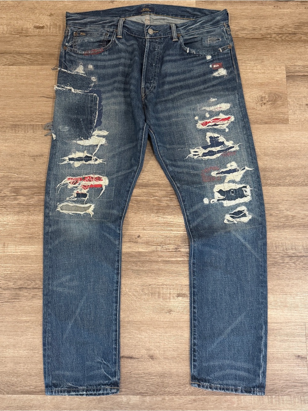 Polo Ralph Lauren Sullivan Slim Bandana Distressed Patchwork Blue Jeans 36x32
